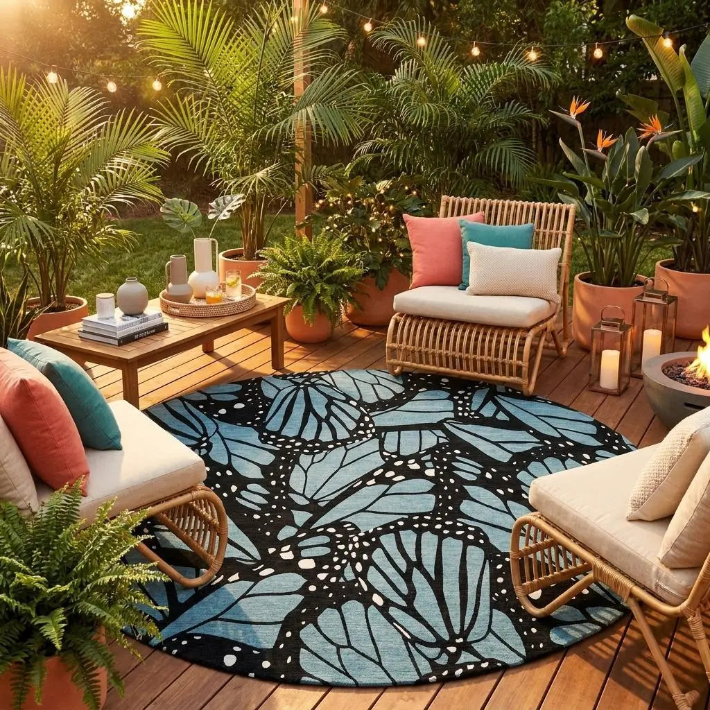 8' Teal Blue And Black Round Animal Print Washable Indoor Outdoor Area Rug Homeroots Outdoor