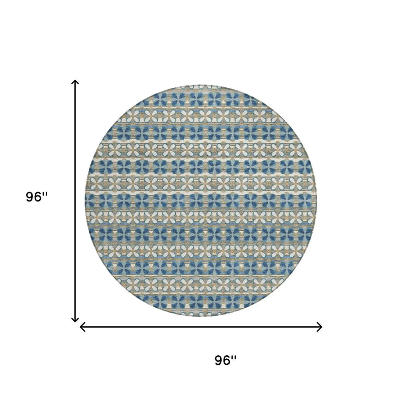 8' Teal Blue And Black Round Striped Washable Indoor Outdoor Area Rug Homeroots Outdoor