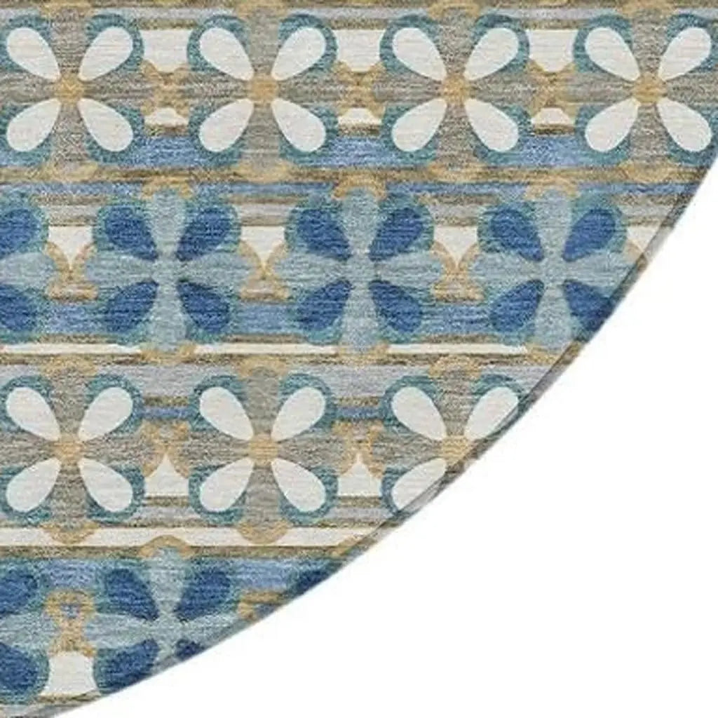8' Teal Blue And Black Round Striped Washable Indoor Outdoor Area Rug Homeroots Outdoor