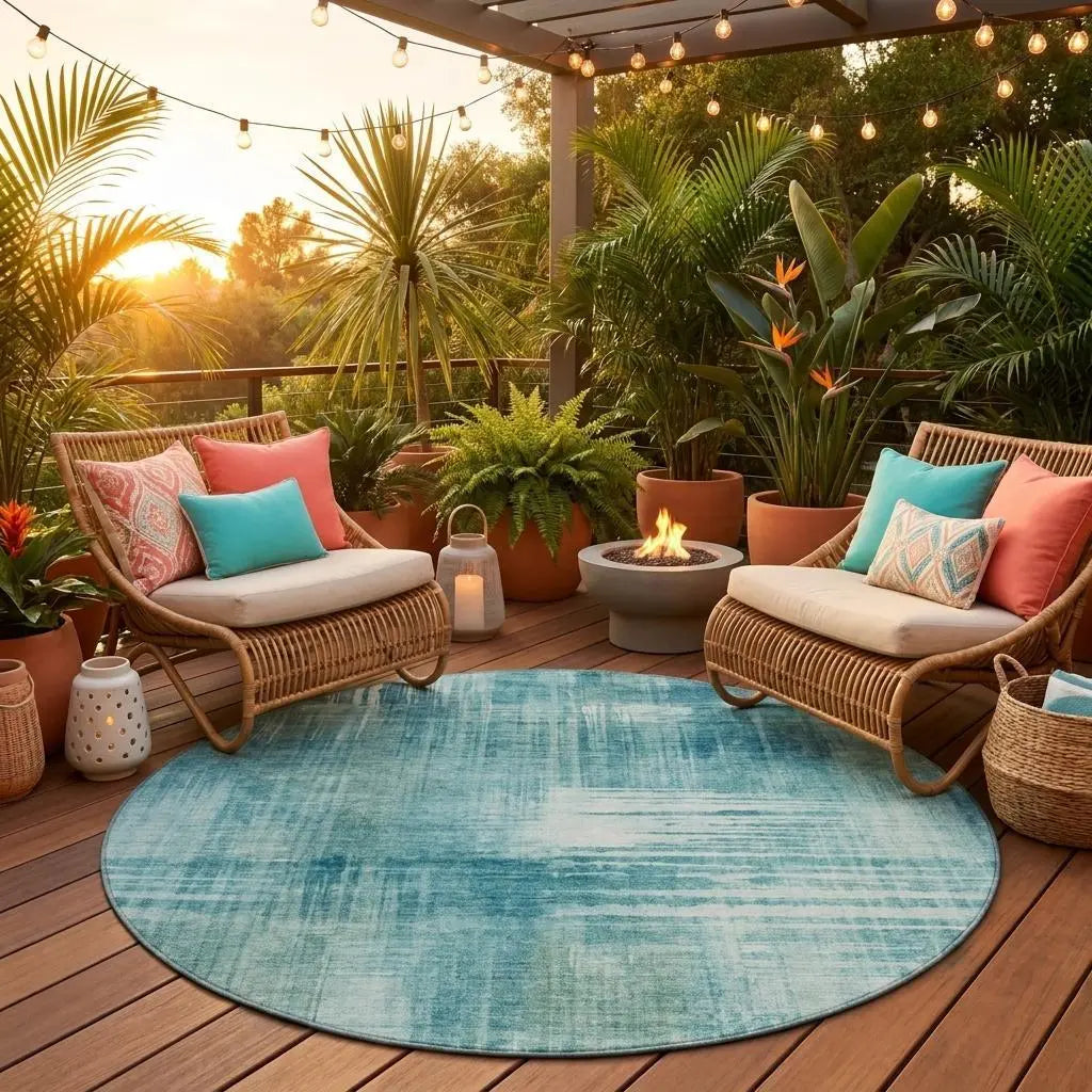 8' Teal Blue And Blue Round Abstract Washable Indoor Outdoor Area Rug Homeroots Outdoor