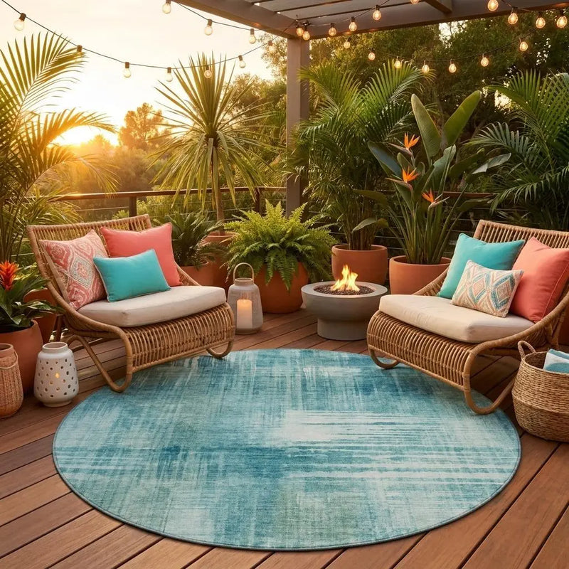 8' Teal Blue And Blue Round Abstract Washable Indoor Outdoor Area Rug Homeroots Outdoor