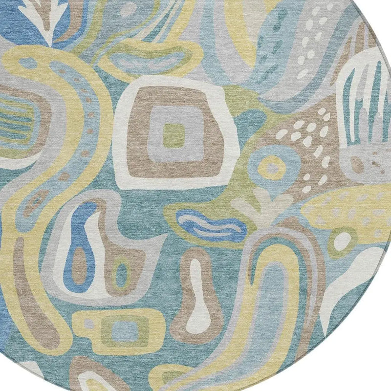 8' Teal Blue And Blue Round Abstract Washable Indoor Outdoor Area Rug Homeroots Outdoor
