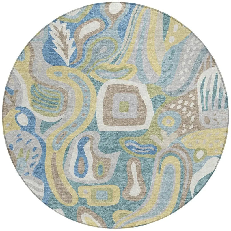 8' Teal Blue And Blue Round Abstract Washable Indoor Outdoor Area Rug Homeroots Outdoor