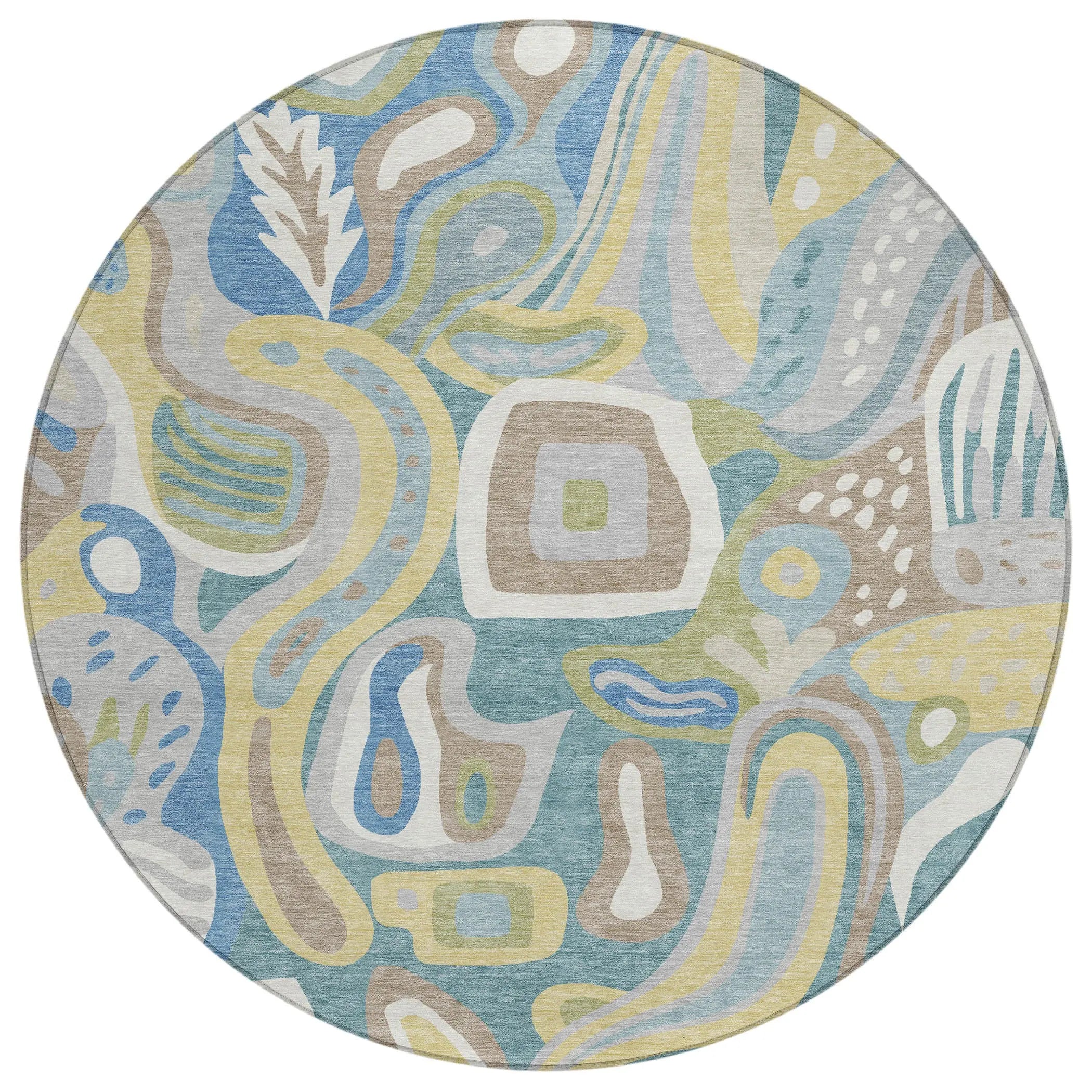 8' Teal Blue And Blue Round Abstract Washable Indoor Outdoor Area Rug Homeroots Outdoor