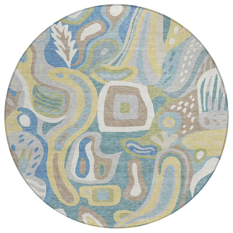 8' Teal Blue And Blue Round Abstract Washable Indoor Outdoor Area Rug Homeroots Outdoor
