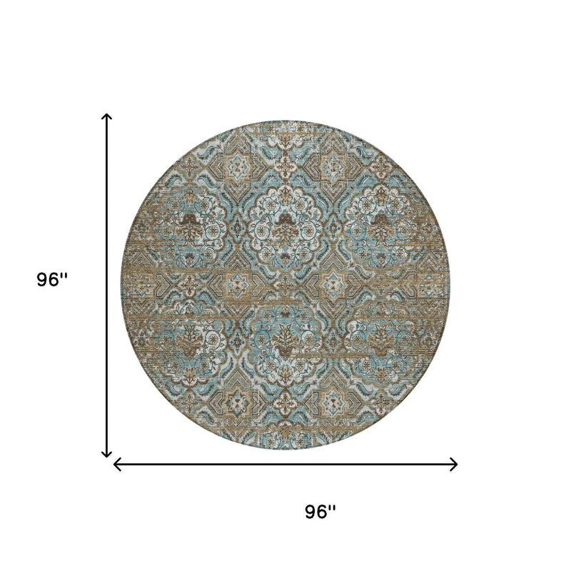 8' Teal Blue And Blue Round Floral Washable Indoor Outdoor Area Rug Homeroots Outdoor
