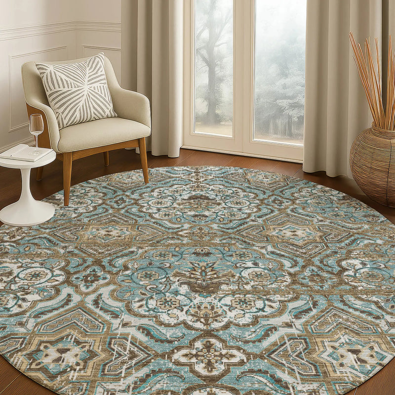 8' Teal Blue And Blue Round Floral Washable Indoor Outdoor Area Rug Homeroots Outdoor