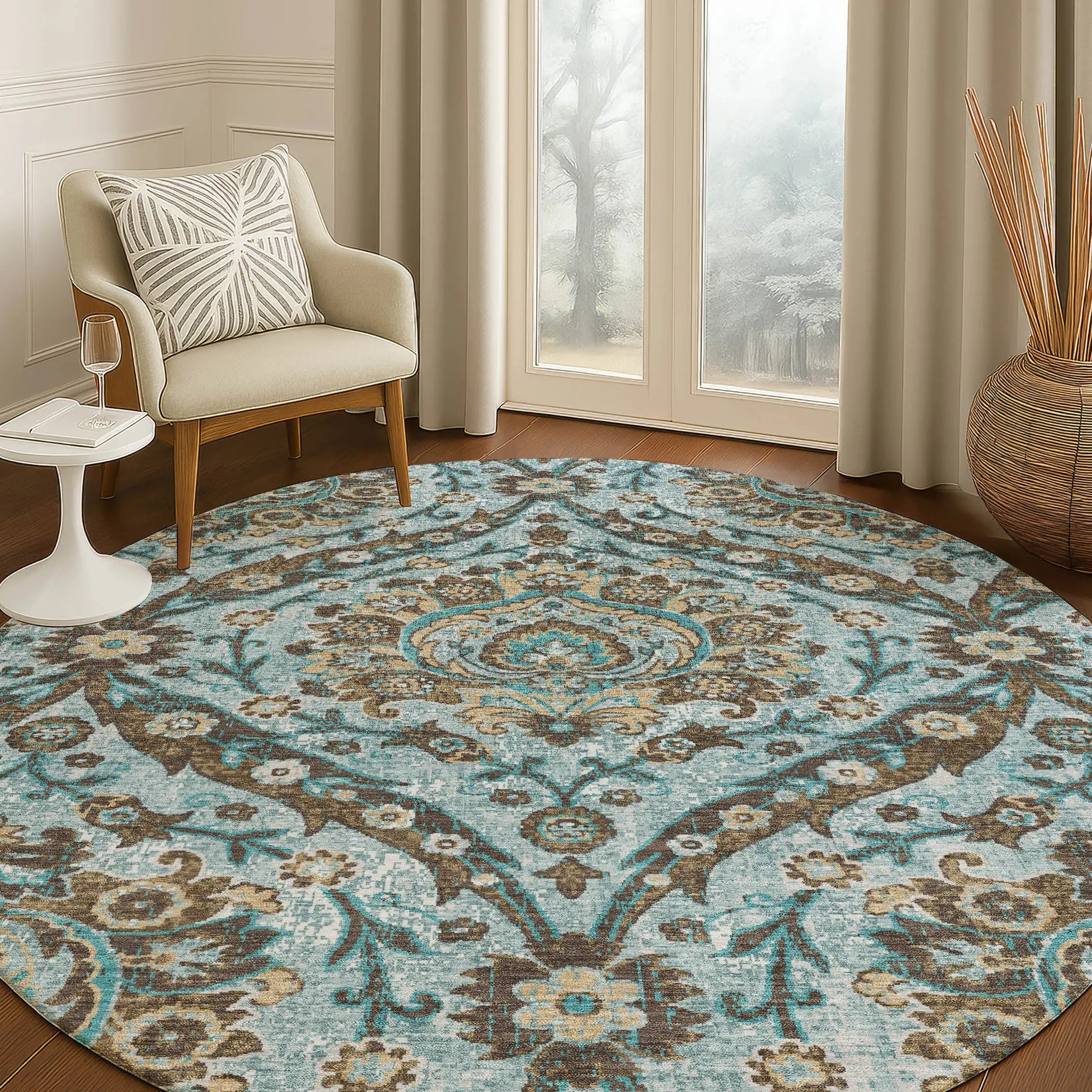8' Teal Blue And Blue Round Floral Washable Indoor Outdoor Area Rug Homeroots Outdoor