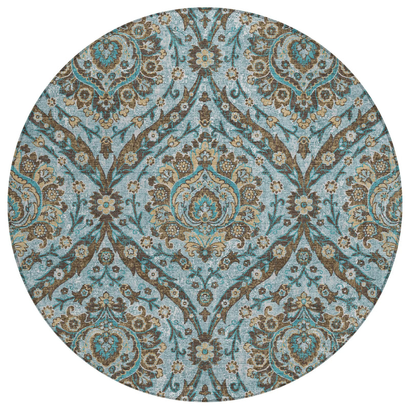 8' Teal Blue And Blue Round Floral Washable Indoor Outdoor Area Rug Homeroots Outdoor