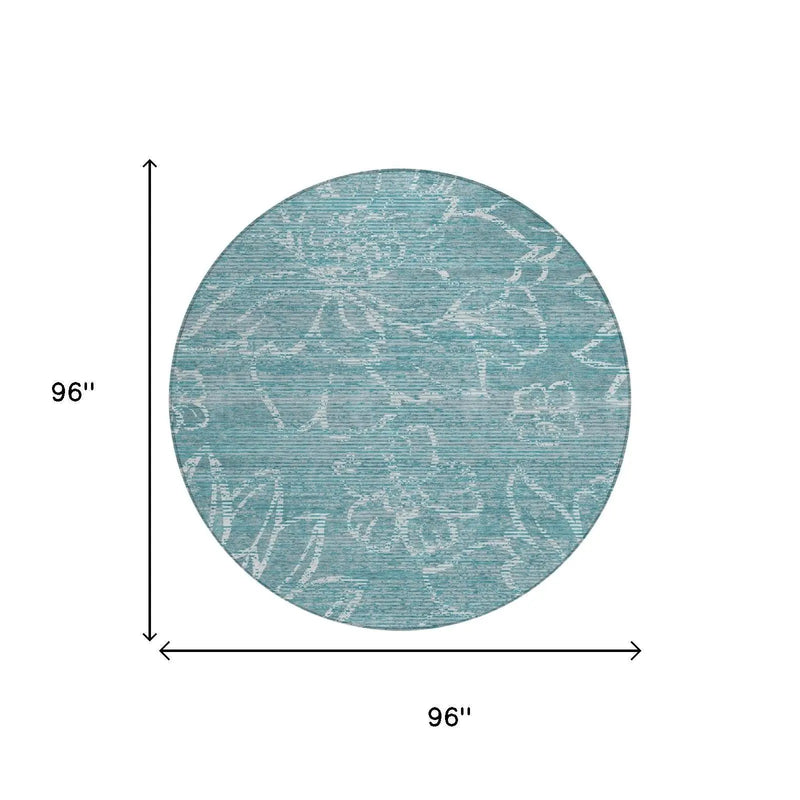 8' Teal Blue And Blue Round Floral Washable Indoor Outdoor Area Rug Homeroots Outdoor