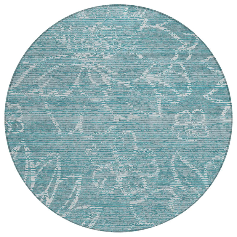 8' Teal Blue And Blue Round Floral Washable Indoor Outdoor Area Rug Homeroots Outdoor