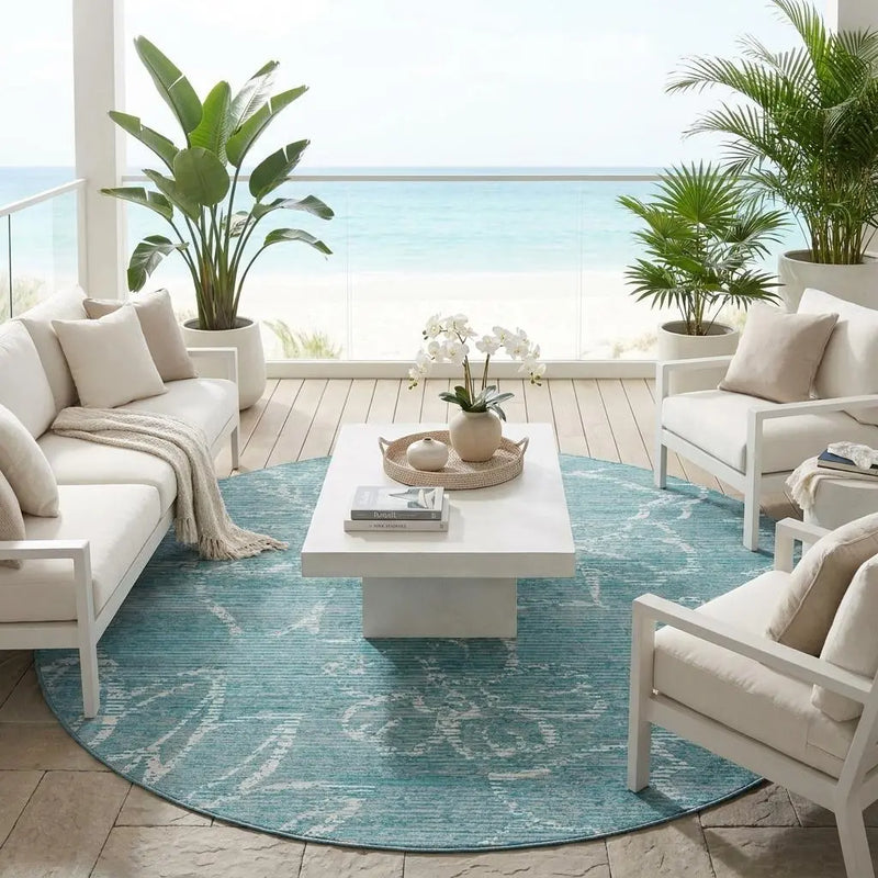 8' Teal Blue And Blue Round Floral Washable Indoor Outdoor Area Rug Homeroots Outdoor
