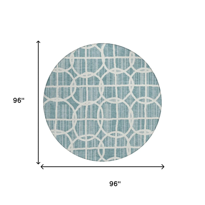 8' Teal Blue And Blue Round Geometric Washable Indoor Outdoor Area Rug Homeroots Outdoor