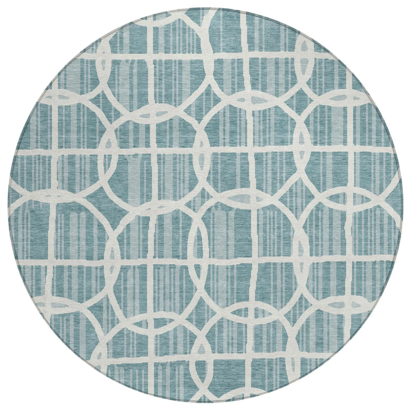 8' Teal Blue And Blue Round Geometric Washable Indoor Outdoor Area Rug Homeroots Outdoor