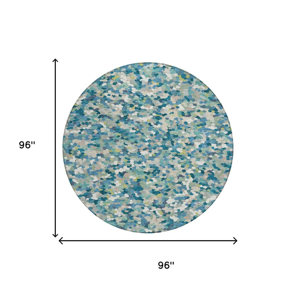 8' Teal Blue And Blue Round Geometric Washable Indoor Outdoor Area Rug Homeroots Outdoor