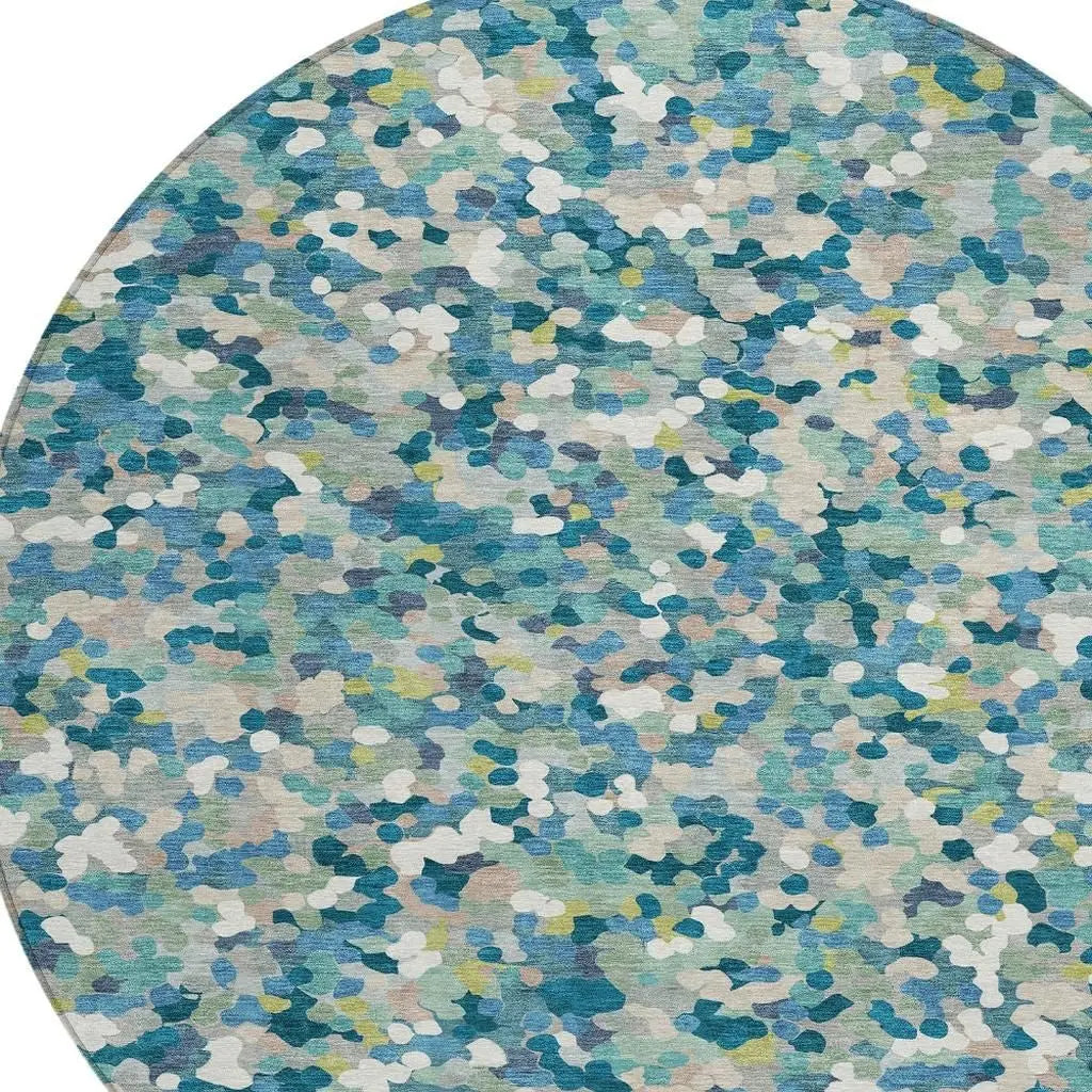 8' Teal Blue And Blue Round Geometric Washable Indoor Outdoor Area Rug Homeroots Outdoor