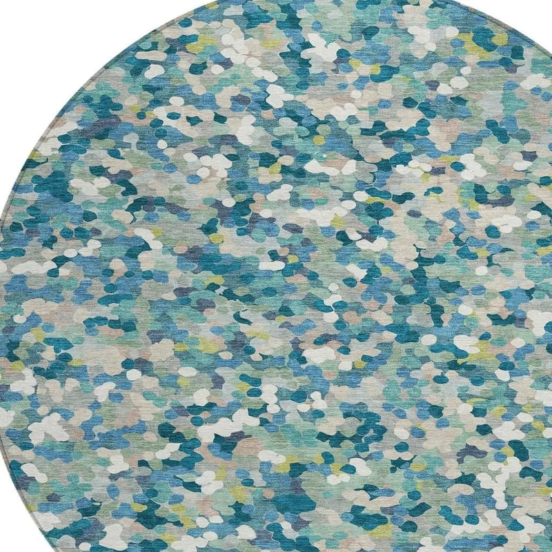 8' Teal Blue And Blue Round Geometric Washable Indoor Outdoor Area Rug Homeroots Outdoor