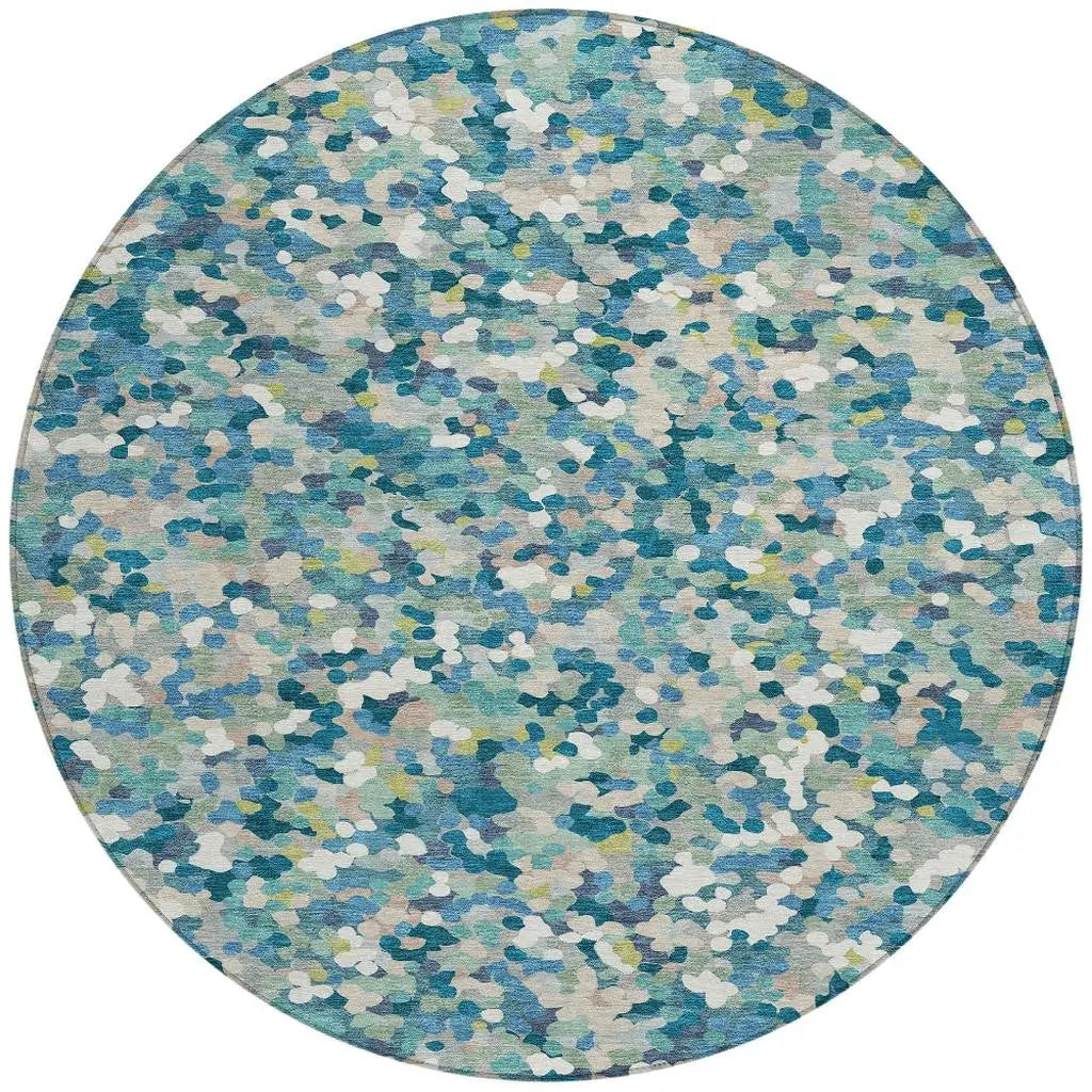 8' Teal Blue And Blue Round Geometric Washable Indoor Outdoor Area Rug Homeroots Outdoor