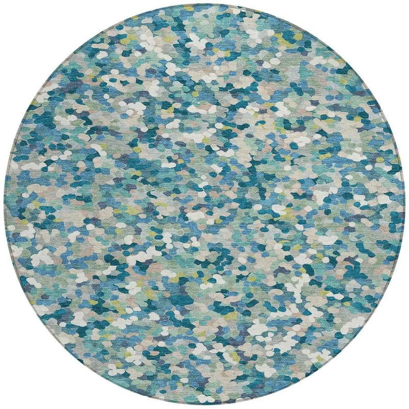8' Teal Blue And Blue Round Geometric Washable Indoor Outdoor Area Rug Homeroots Outdoor