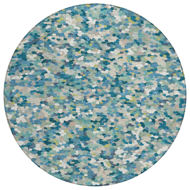 8' Teal Blue And Blue Round Geometric Washable Indoor Outdoor Area Rug Homeroots Outdoor