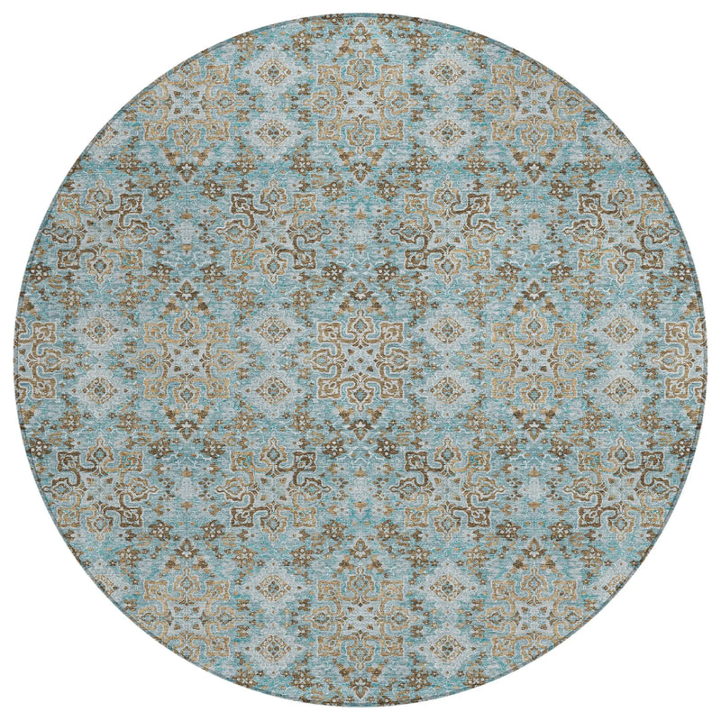 8' Teal Blue And Blue Round Oriental Washable Indoor Outdoor Area Rug Homeroots Outdoor