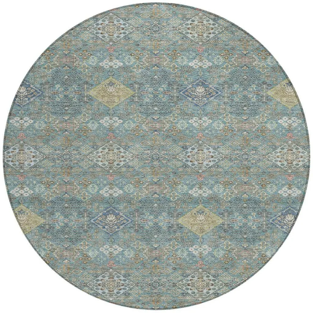 8' Teal Blue And Blue Round Oriental Washable Indoor Outdoor Area Rug Homeroots Outdoor