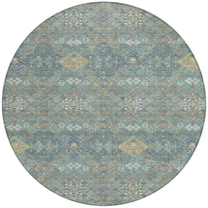 8' Teal Blue And Blue Round Oriental Washable Indoor Outdoor Area Rug Homeroots Outdoor