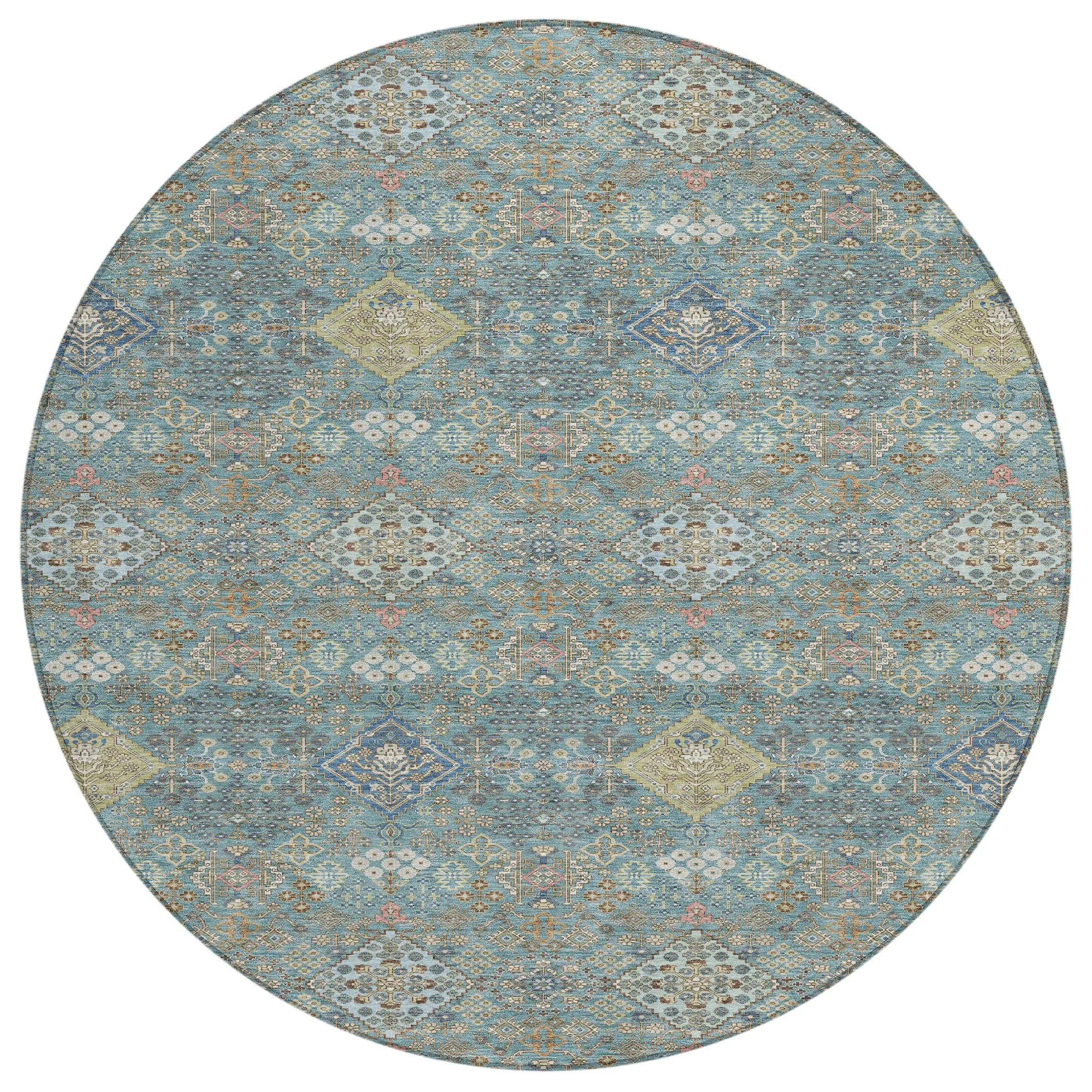 8' Teal Blue And Blue Round Oriental Washable Indoor Outdoor Area Rug Homeroots Outdoor