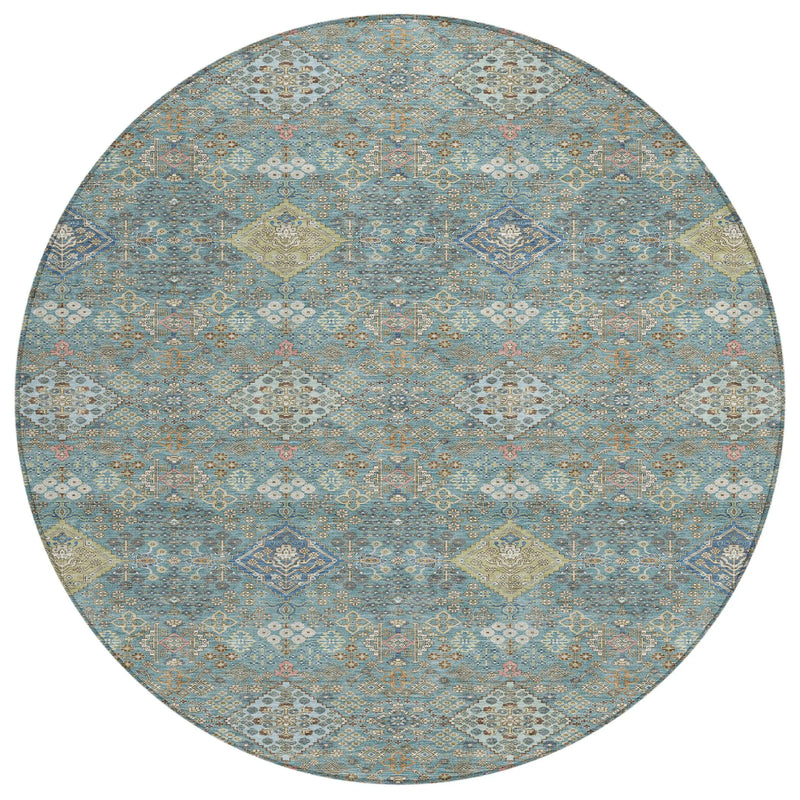 8' Teal Blue And Blue Round Oriental Washable Indoor Outdoor Area Rug Homeroots Outdoor