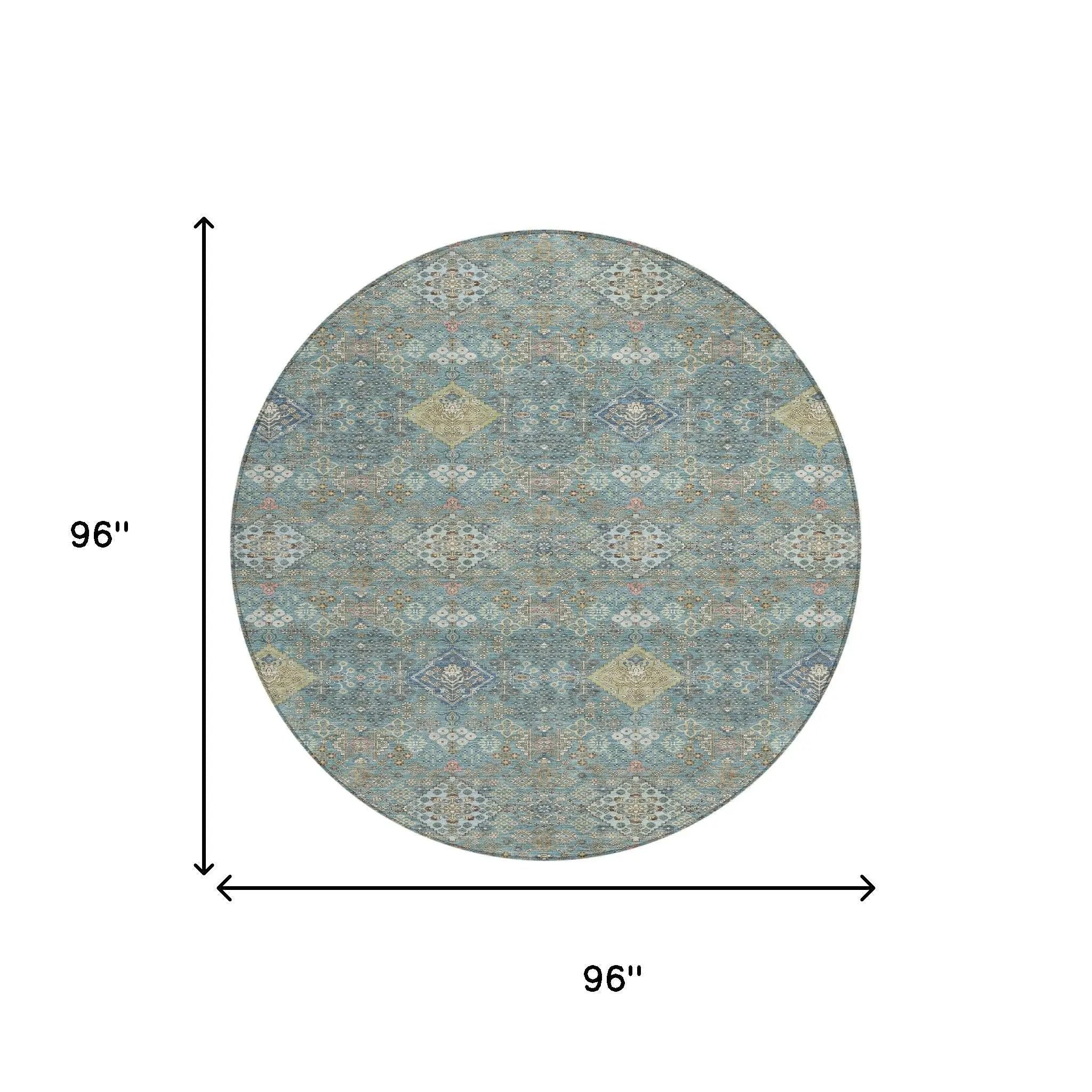 8' Teal Blue And Blue Round Oriental Washable Indoor Outdoor Area Rug Homeroots Outdoor