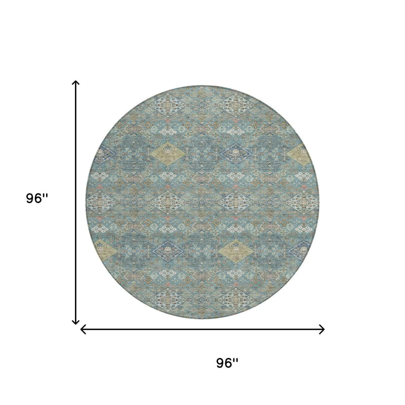 8' Teal Blue And Blue Round Oriental Washable Indoor Outdoor Area Rug Homeroots Outdoor