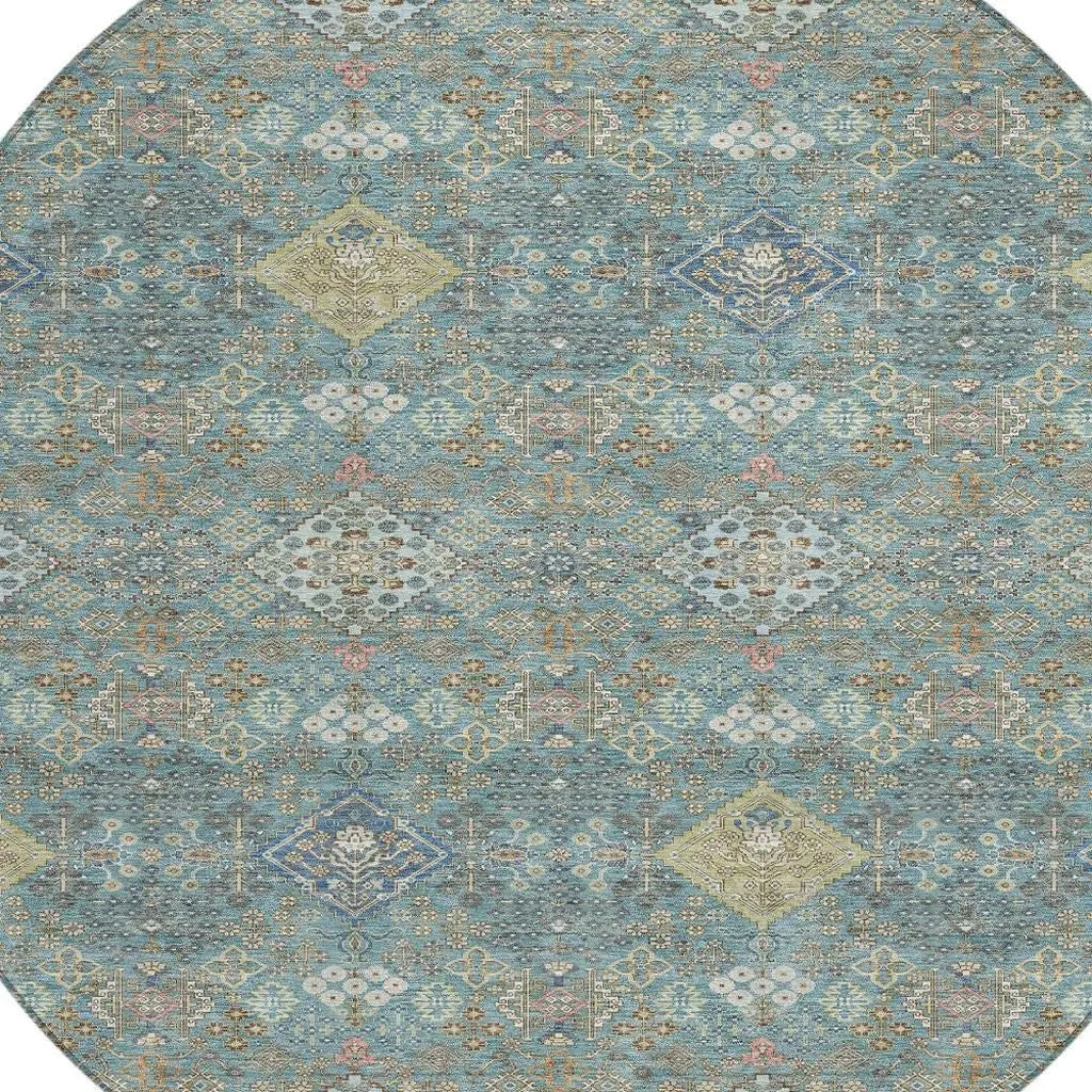 8' Teal Blue And Blue Round Oriental Washable Indoor Outdoor Area Rug Homeroots Outdoor