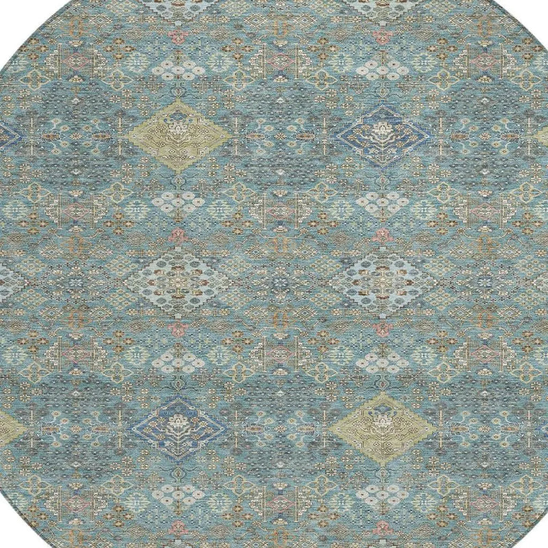 8' Teal Blue And Blue Round Oriental Washable Indoor Outdoor Area Rug Homeroots Outdoor