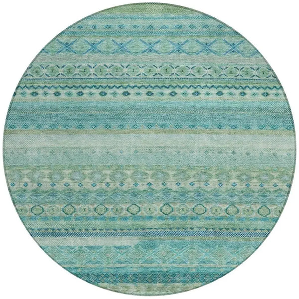 8' Teal Blue And Blue Round Striped Washable Indoor Outdoor Area Rug Homeroots Outdoor