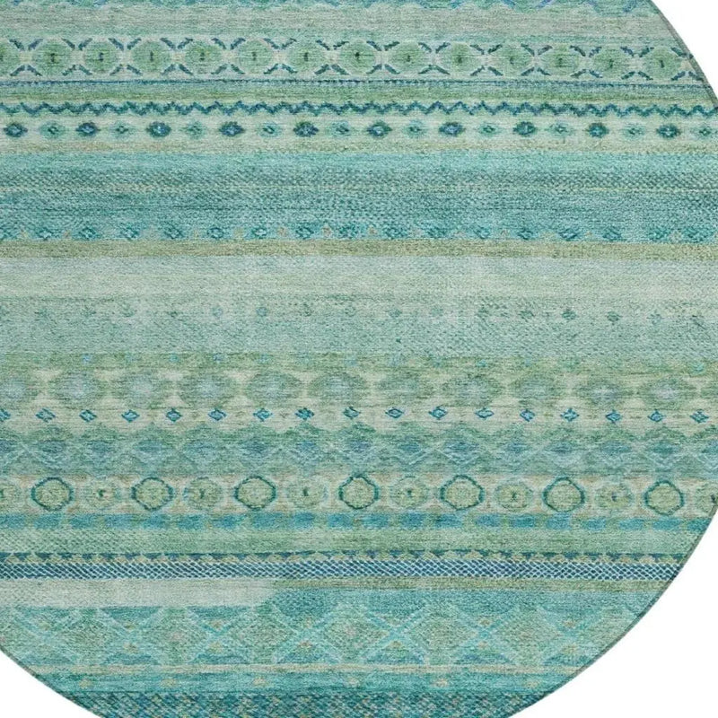 8' Teal Blue And Blue Round Striped Washable Indoor Outdoor Area Rug Homeroots Outdoor