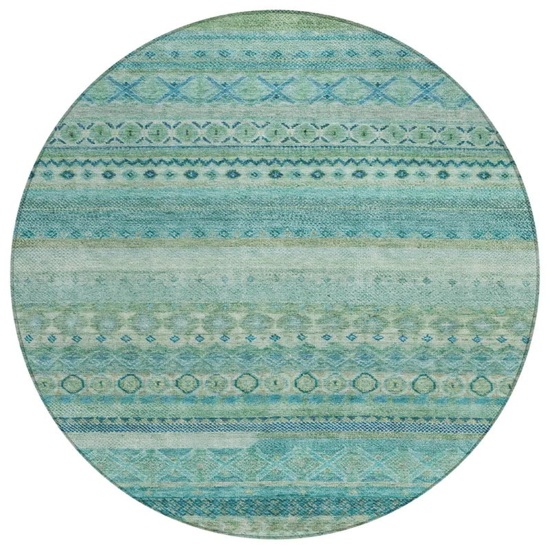 8' Teal Blue And Blue Round Striped Washable Indoor Outdoor Area Rug Homeroots Outdoor