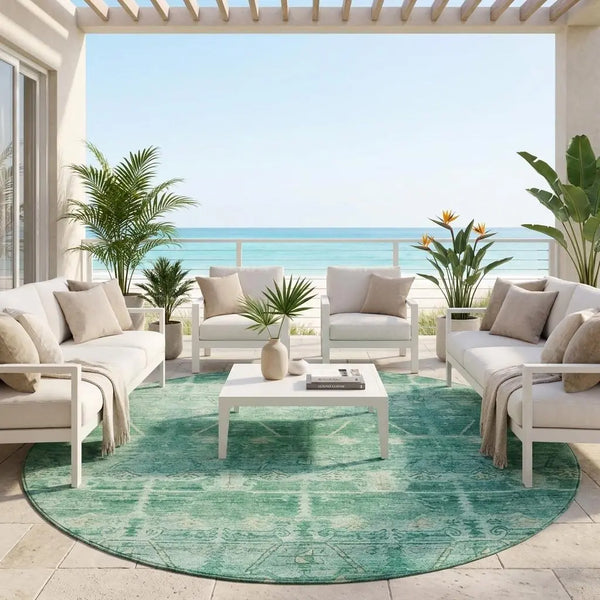 8' Teal Blue And Blue Round Tribal Washable Indoor Outdoor Area Rug Homeroots Outdoor