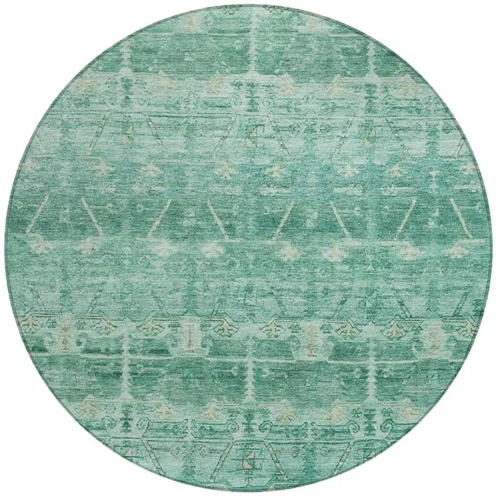 8' Teal Blue And Blue Round Tribal Washable Indoor Outdoor Area Rug Homeroots Outdoor