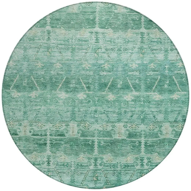 8' Teal Blue And Blue Round Tribal Washable Indoor Outdoor Area Rug Homeroots Outdoor