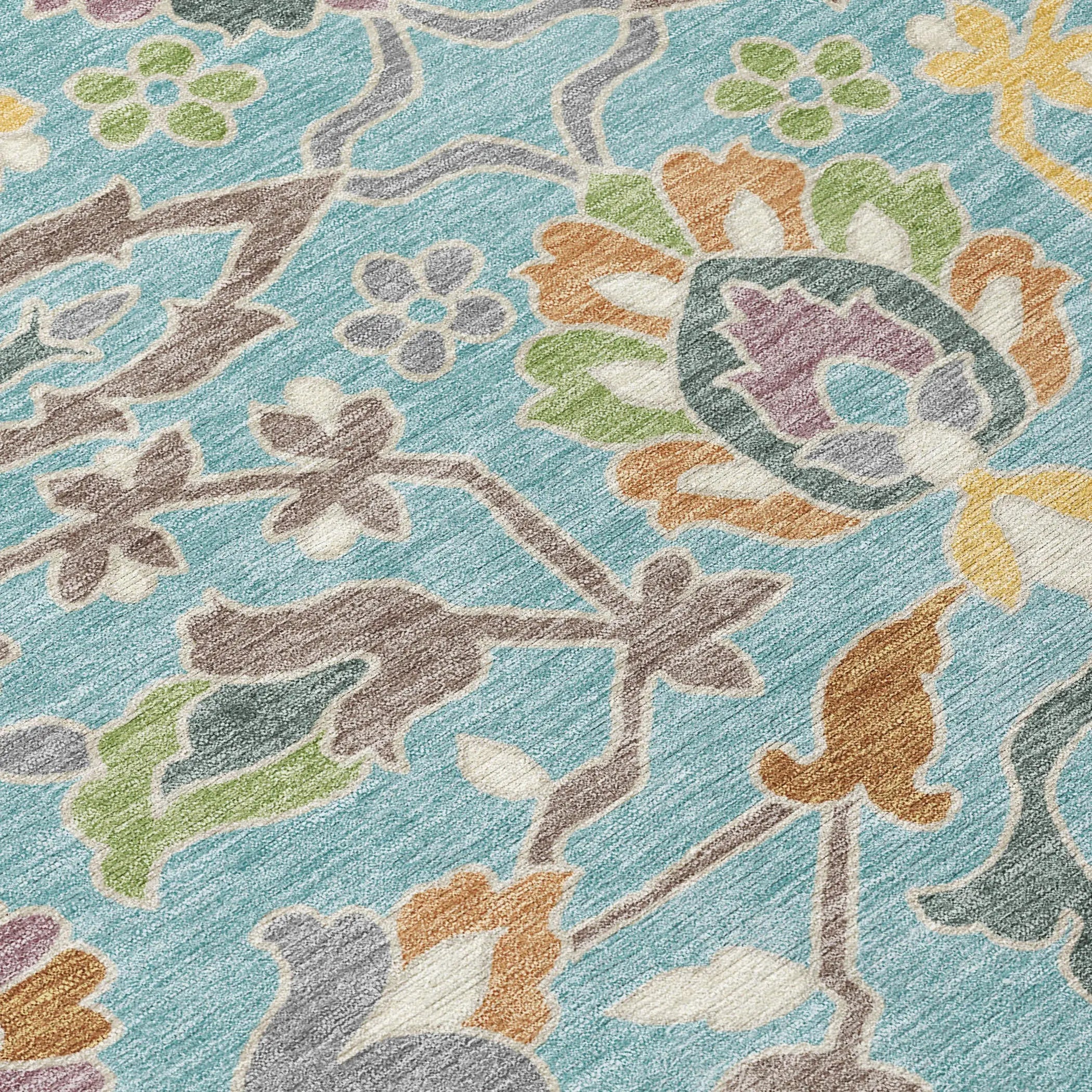 8' Teal Blue And Brown Round Floral Washable Indoor Outdoor Area Rug Homeroots Outdoor