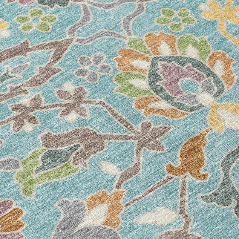 8' Teal Blue And Brown Round Floral Washable Indoor Outdoor Area Rug Homeroots Outdoor
