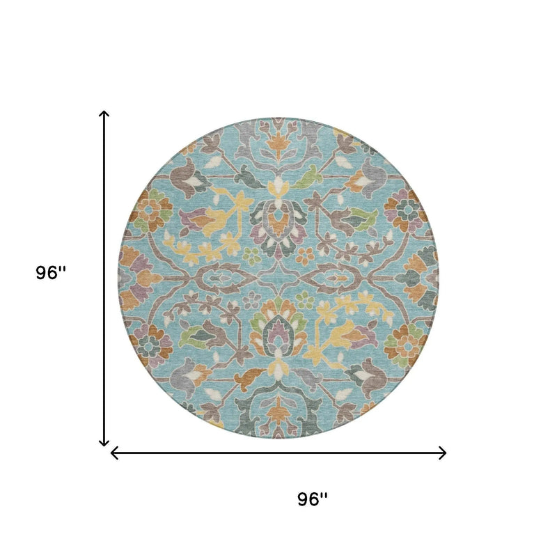8' Teal Blue And Brown Round Floral Washable Indoor Outdoor Area Rug Homeroots Outdoor