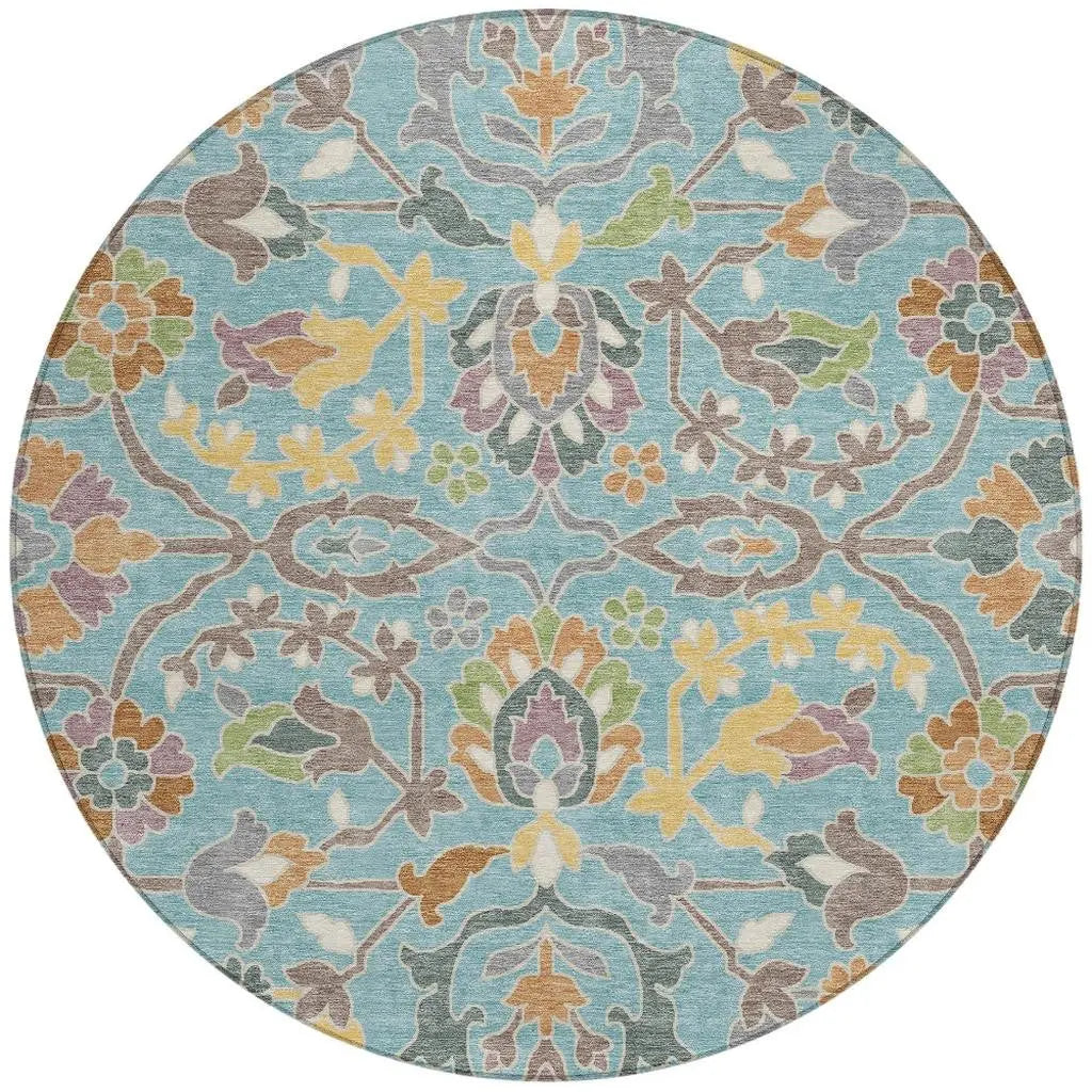 8' Teal Blue And Brown Round Floral Washable Indoor Outdoor Area Rug Homeroots Outdoor