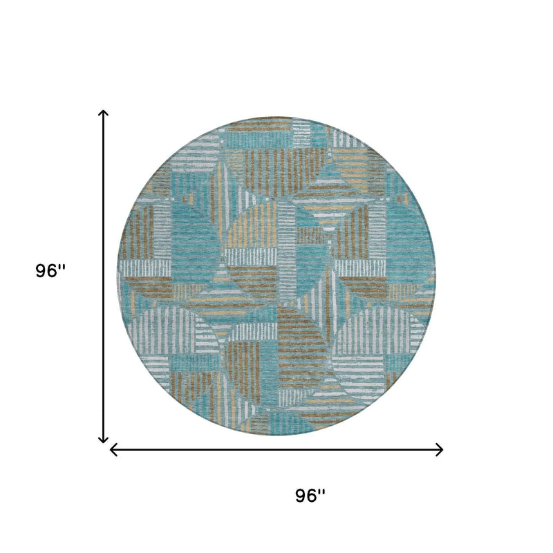 8' Teal Blue And Brown Round Geometric Washable Indoor Outdoor Area Rug Homeroots Outdoor