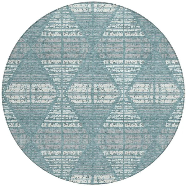 8' Teal Blue And Brown Round Geometric Washable Indoor Outdoor Area Rug Homeroots Outdoor