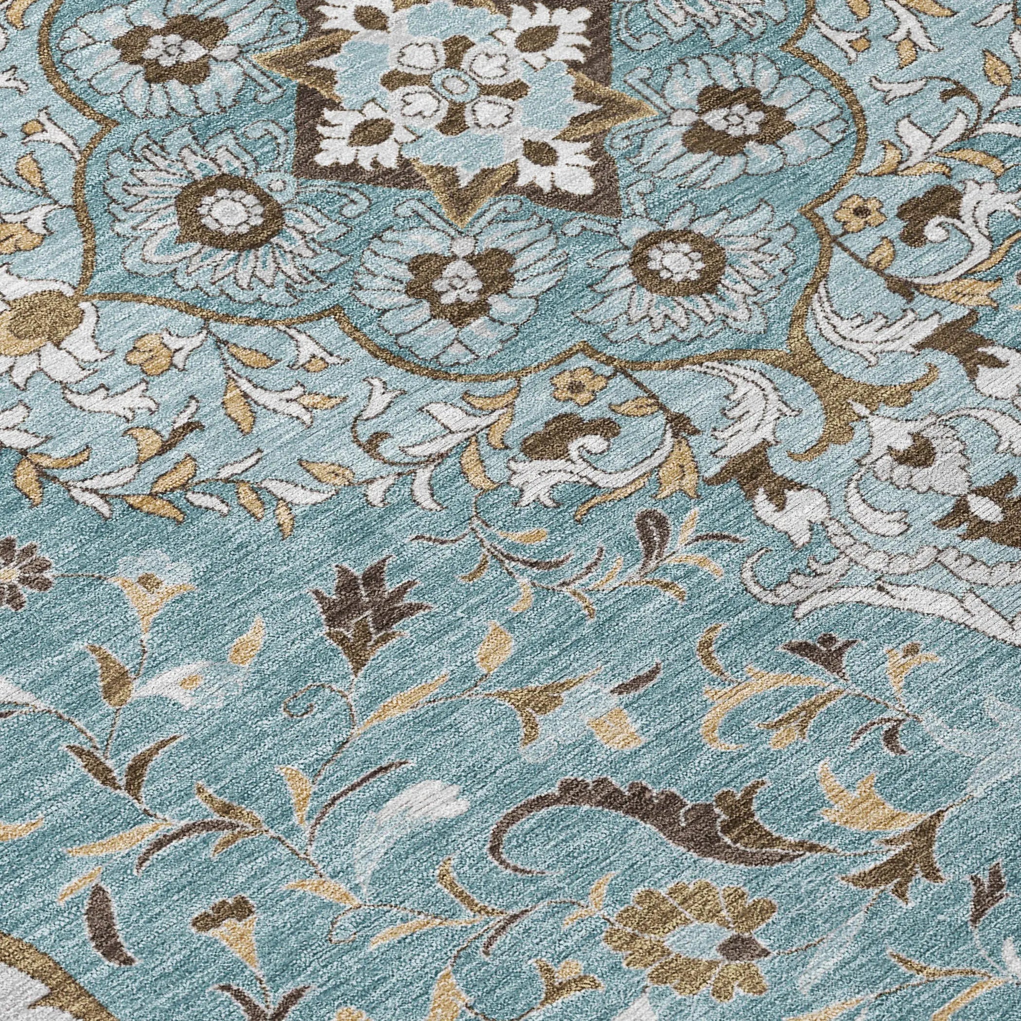 8' Teal Blue And Brown Round Medallion Washable Indoor Outdoor Area Rug Homeroots Outdoor