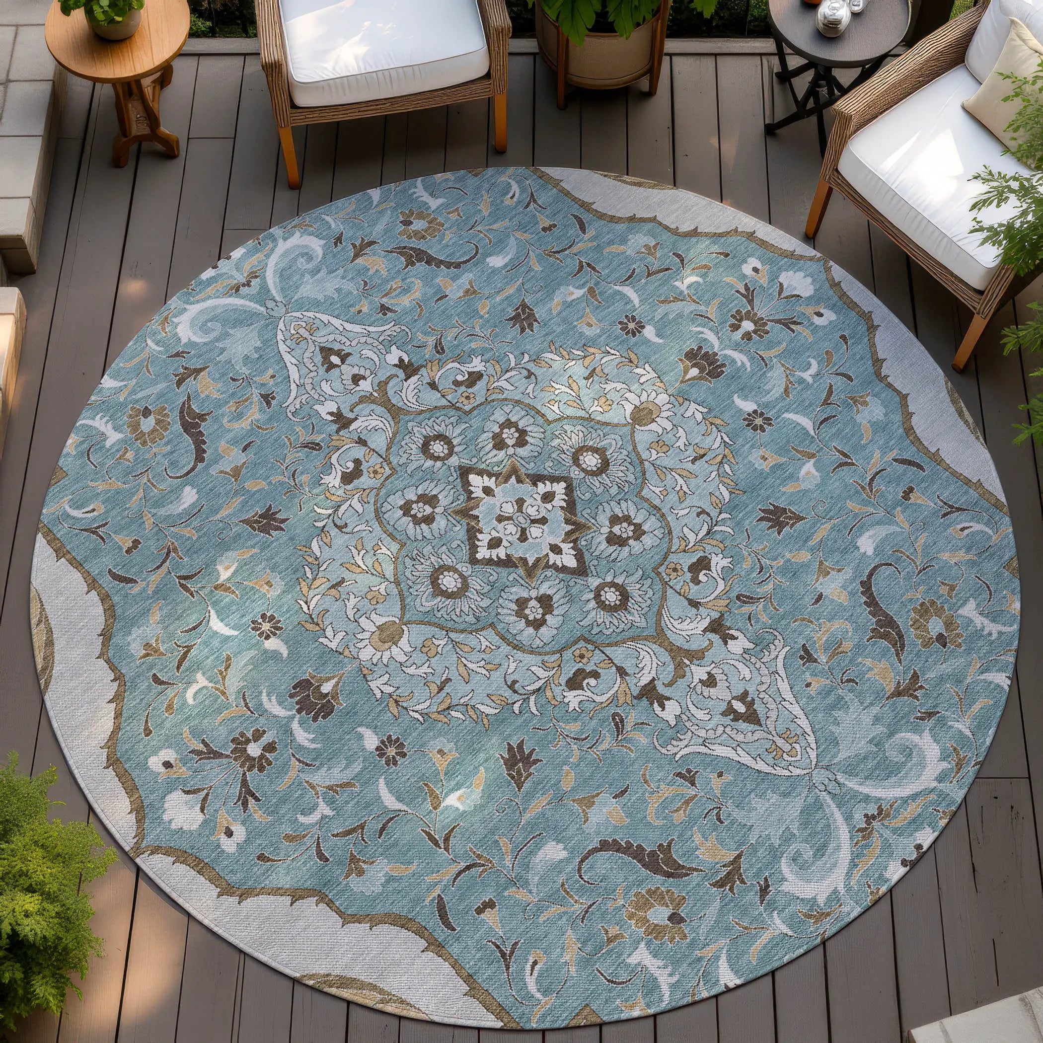 8' Teal Blue And Brown Round Medallion Washable Indoor Outdoor Area Rug Homeroots Outdoor