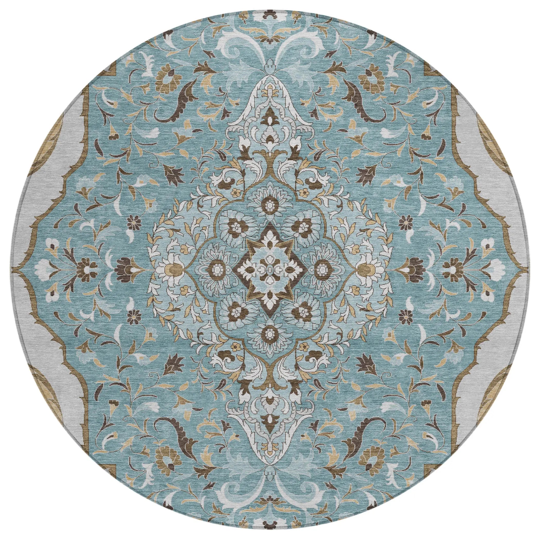 8' Teal Blue And Brown Round Medallion Washable Indoor Outdoor Area Rug Homeroots Outdoor