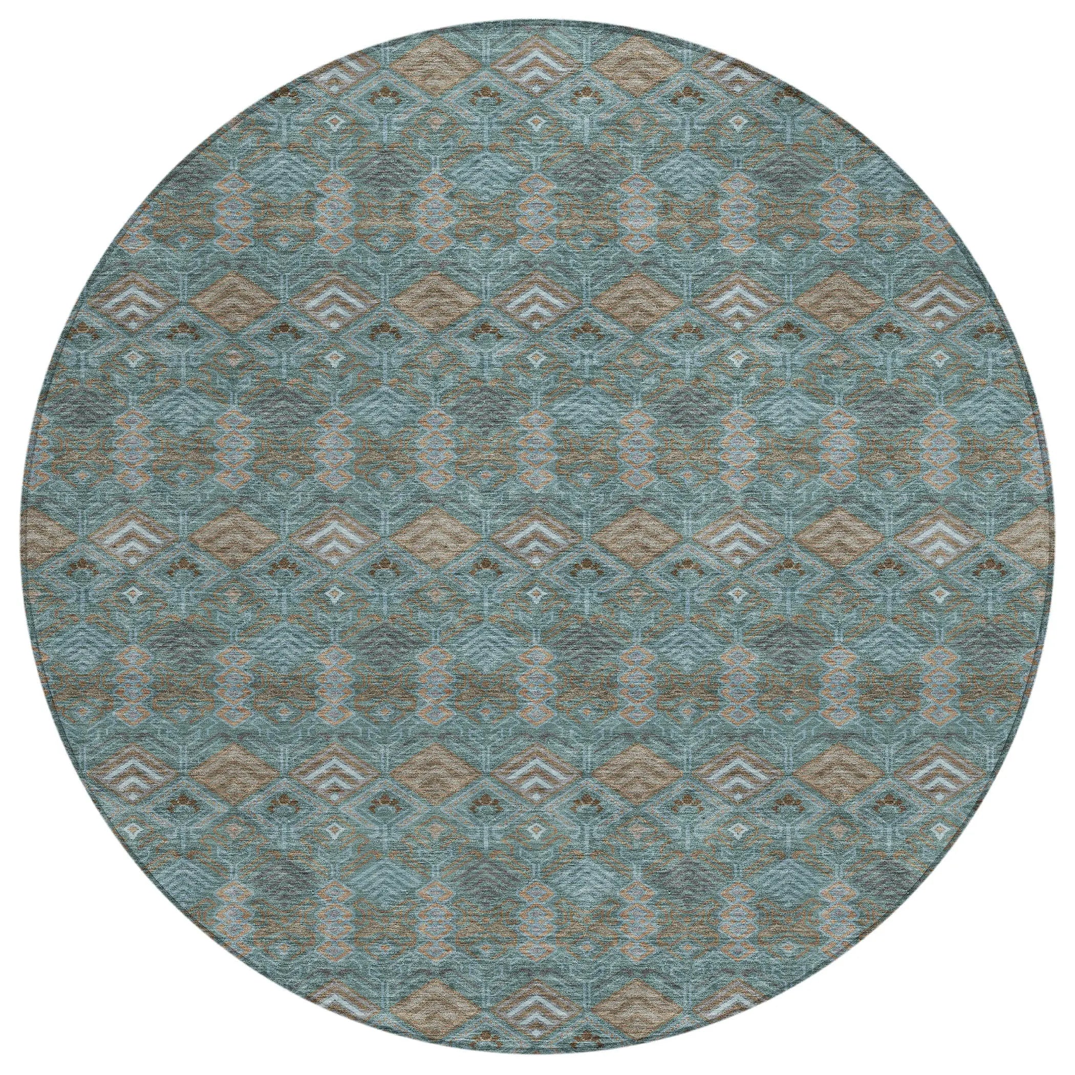 8' Teal Blue And Charcoal Round Geometric Washable Indoor Outdoor Area Rug Homeroots Outdoor