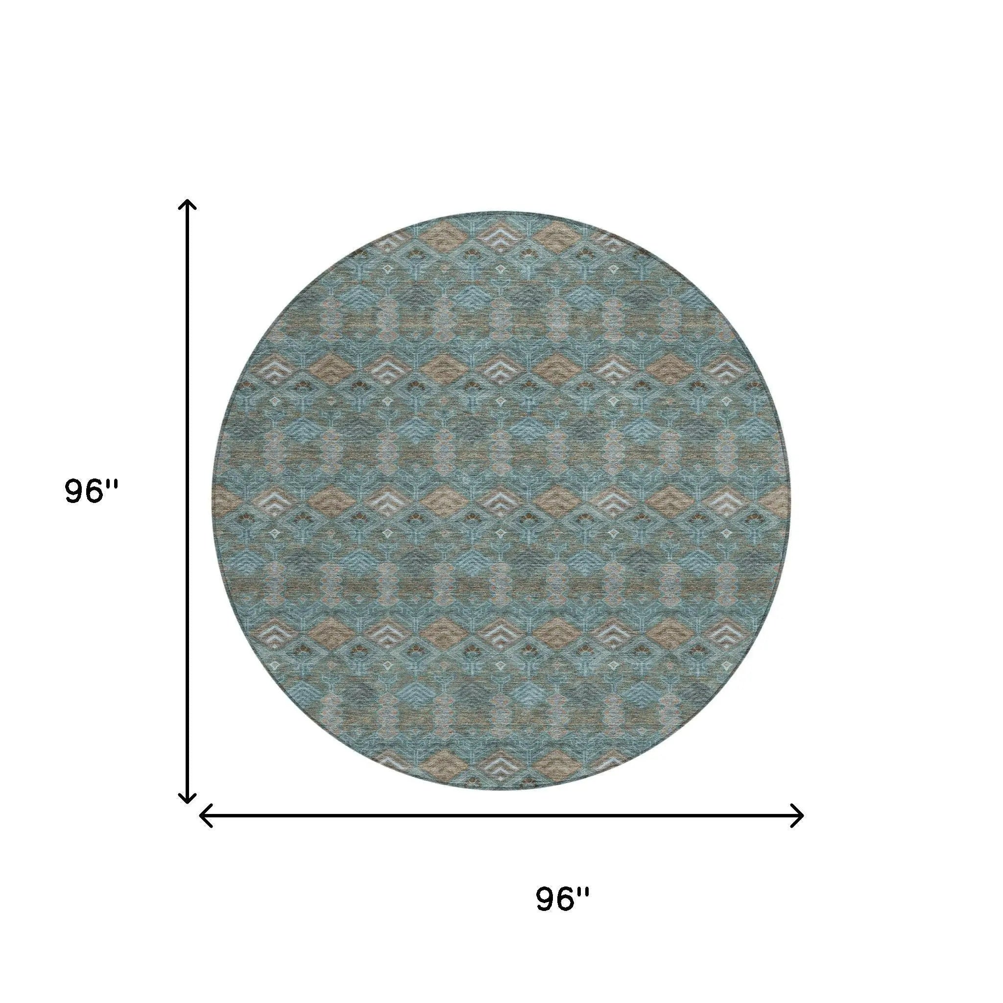 8' Teal Blue And Charcoal Round Geometric Washable Indoor Outdoor Area Rug Homeroots Outdoor